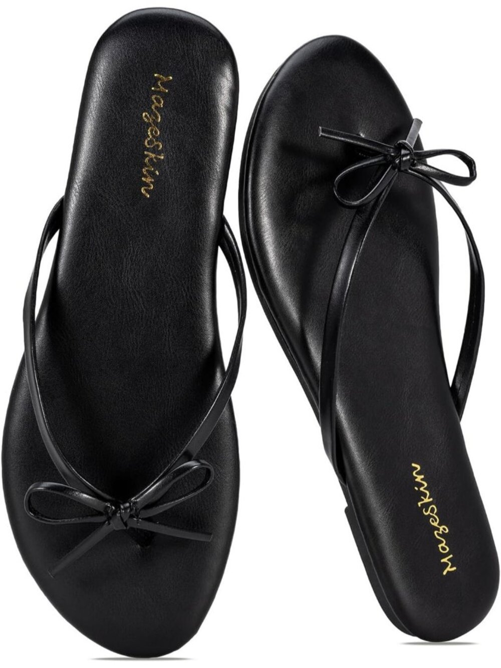 Women's Black Faux Leather Bow Flip Flops Casual Memory Foam Thong Flat Sandals